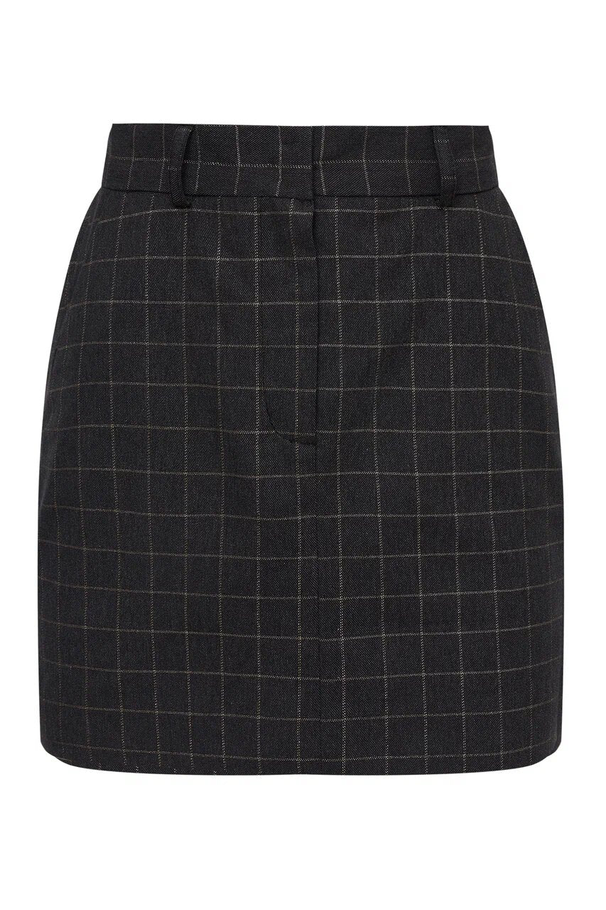 A mini skirt made of black fabric with a golden checkered pattern